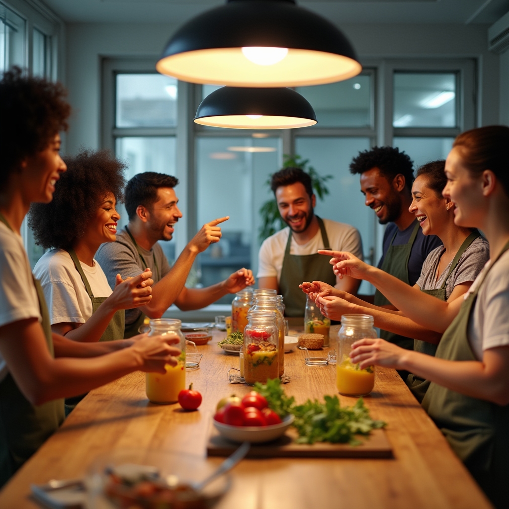 Gruppo di persone che condividono vasetti di fermentati intorno a un tavolo in un laboratorio luminoso