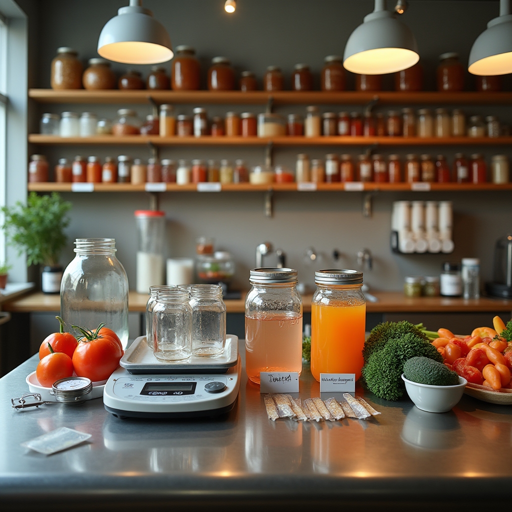 Attrezzatura da laboratorio di fermentazione: vasetti, bilancia, termometro e ingredienti