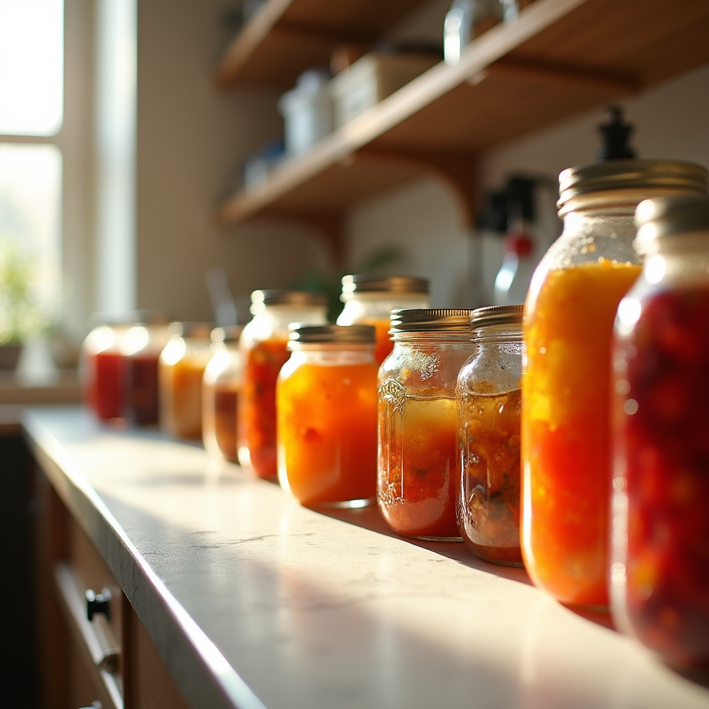 Vasetti di fermentazione colorati su un bancone da laboratorio