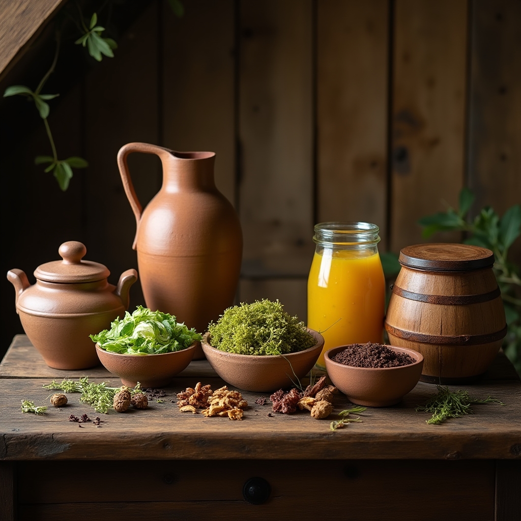 Vasetti di fermentazione tradizionali da diverse culture del mondo su un tavolo di legno