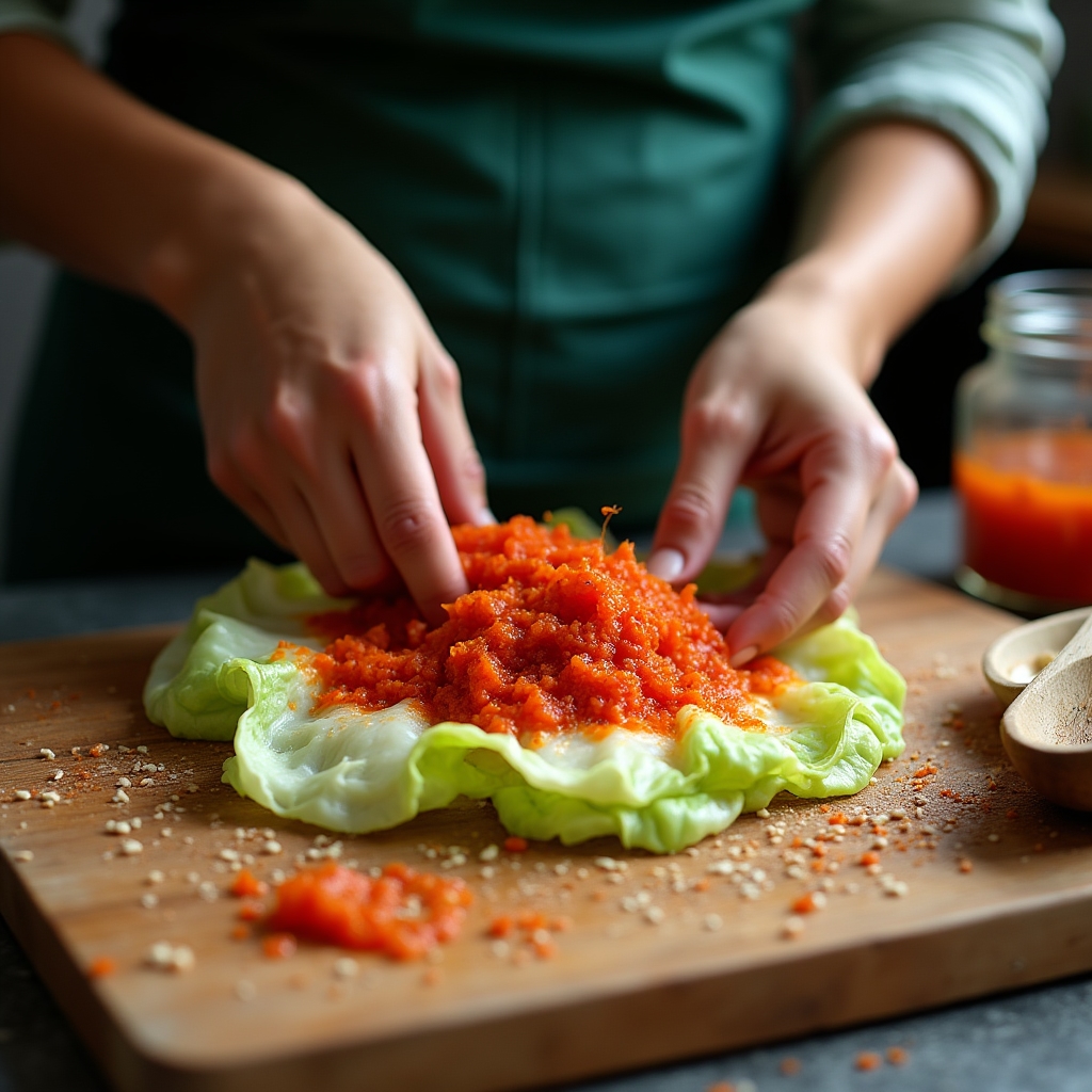 Preparazione del kimchi con cavolo napa, pasta di peperoncino e spezie