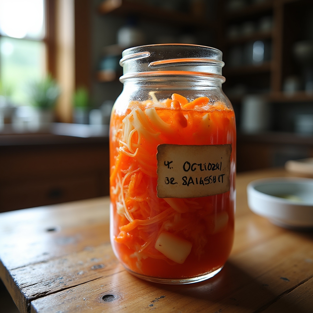Vasetto di kimchi con peperoncino rosso e verdure preparato da un partecipante del laboratorio