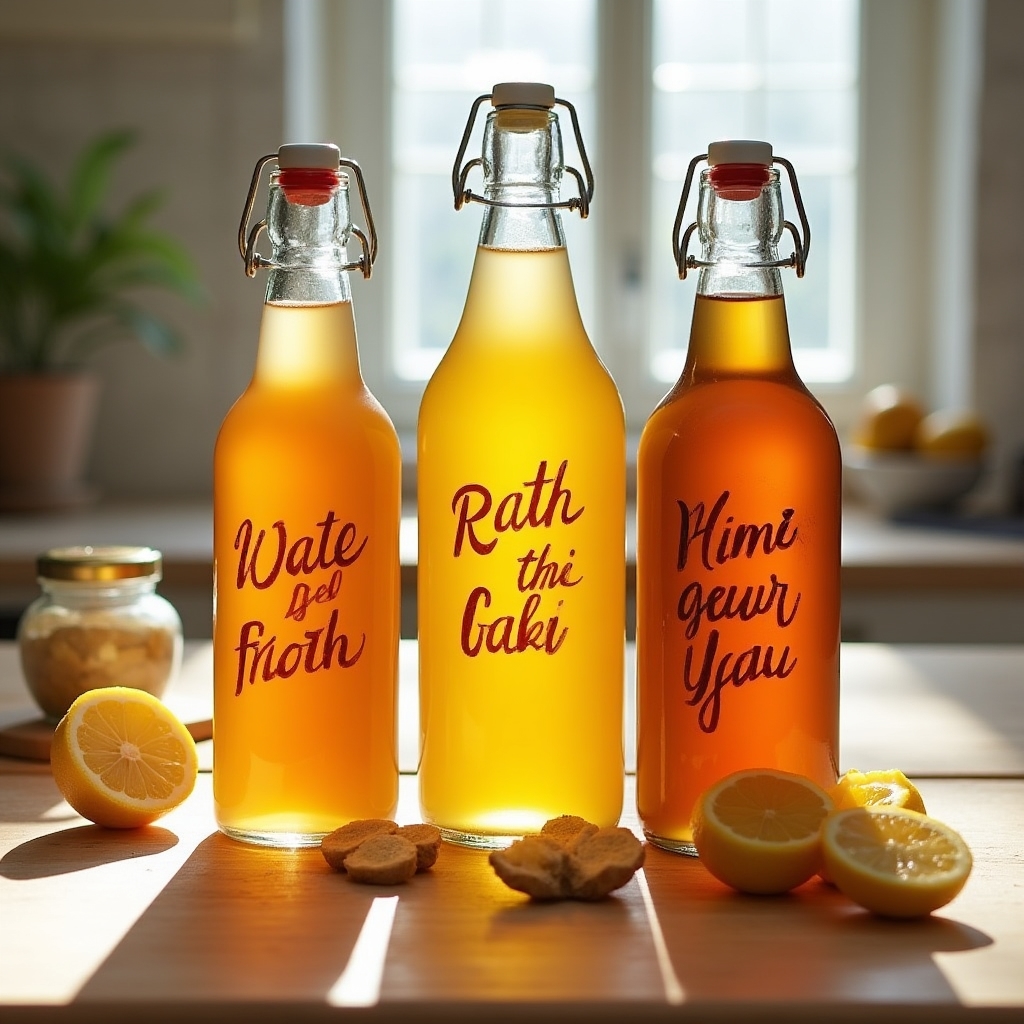 Bottiglie di kombucha artigianale con etichette scritte a mano in una cucina domestica
