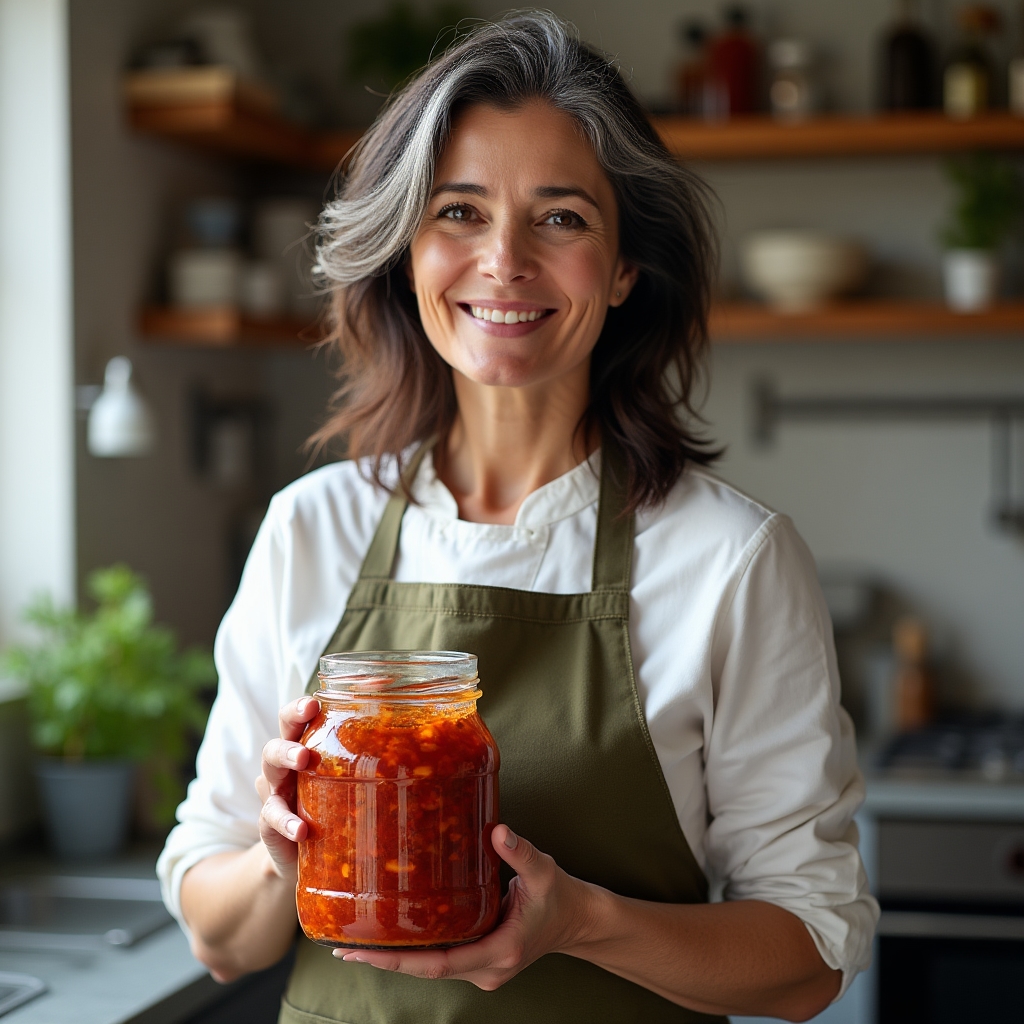 Istruttrice del laboratorio di fermentazione che mostra un vasetto di kimchi pronto